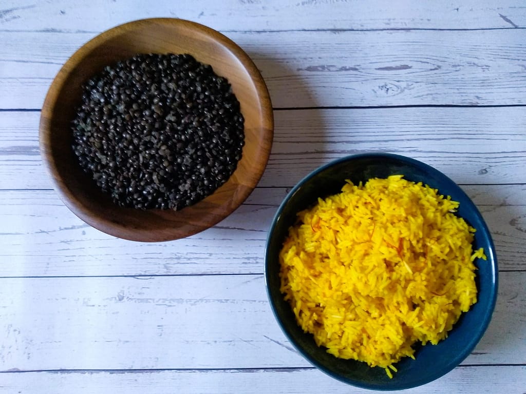 black lentils and yellow saffron basmati rice