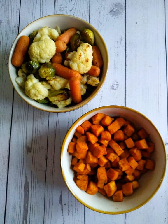 roasted sweet potatoes, brussel sprouts, carrots, and cauliflower