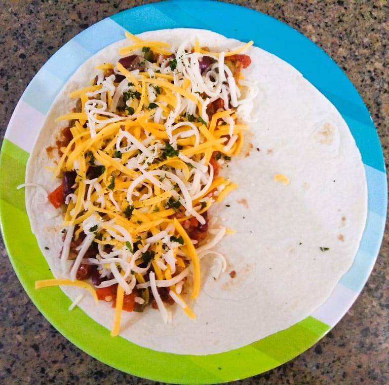 chili and cheese cover half white tortilla on blue and green plate